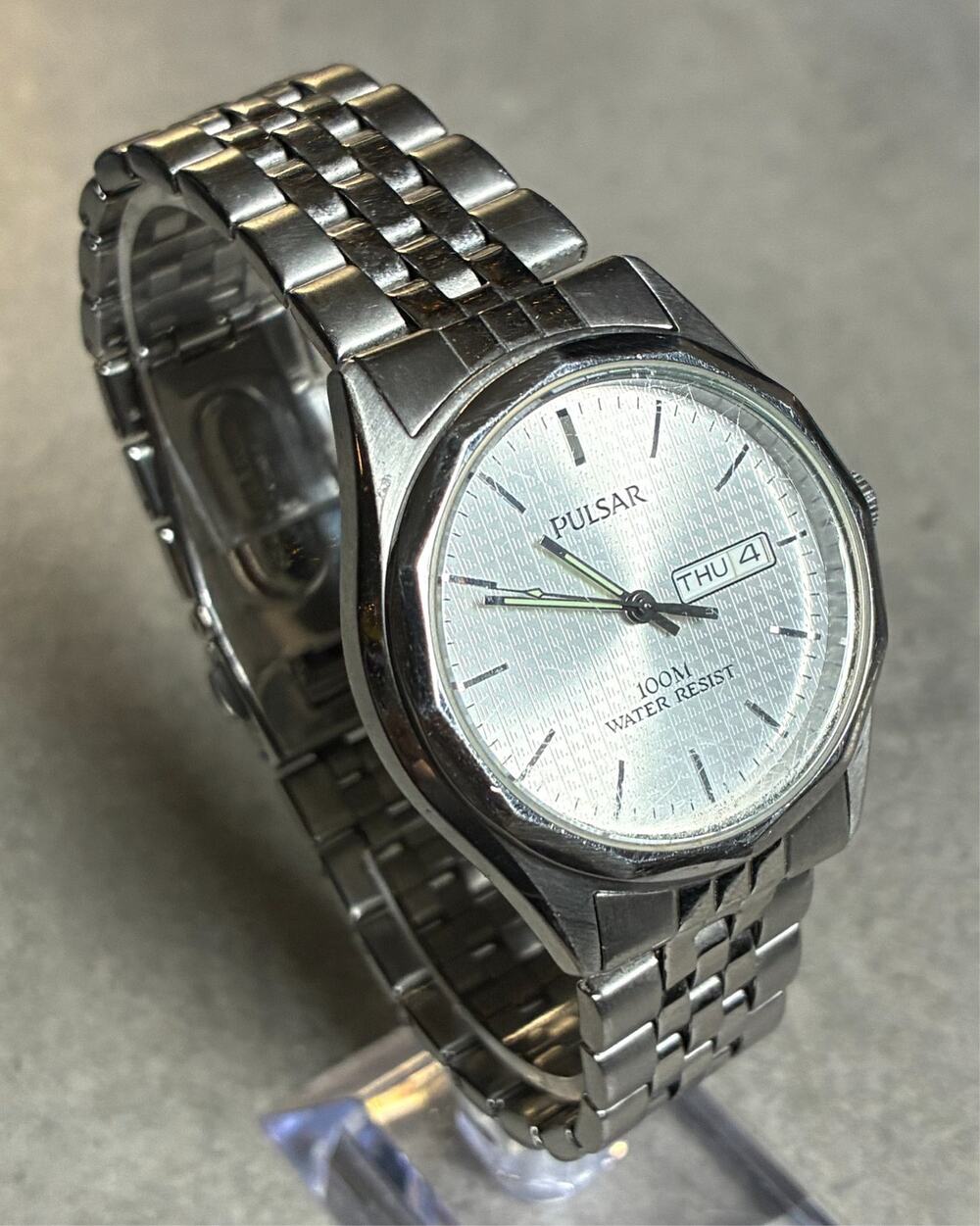 Pulsar Oak Style Men's Quartz Watch Silver Grid Dial 2001 Rare VJ33-X008 Working